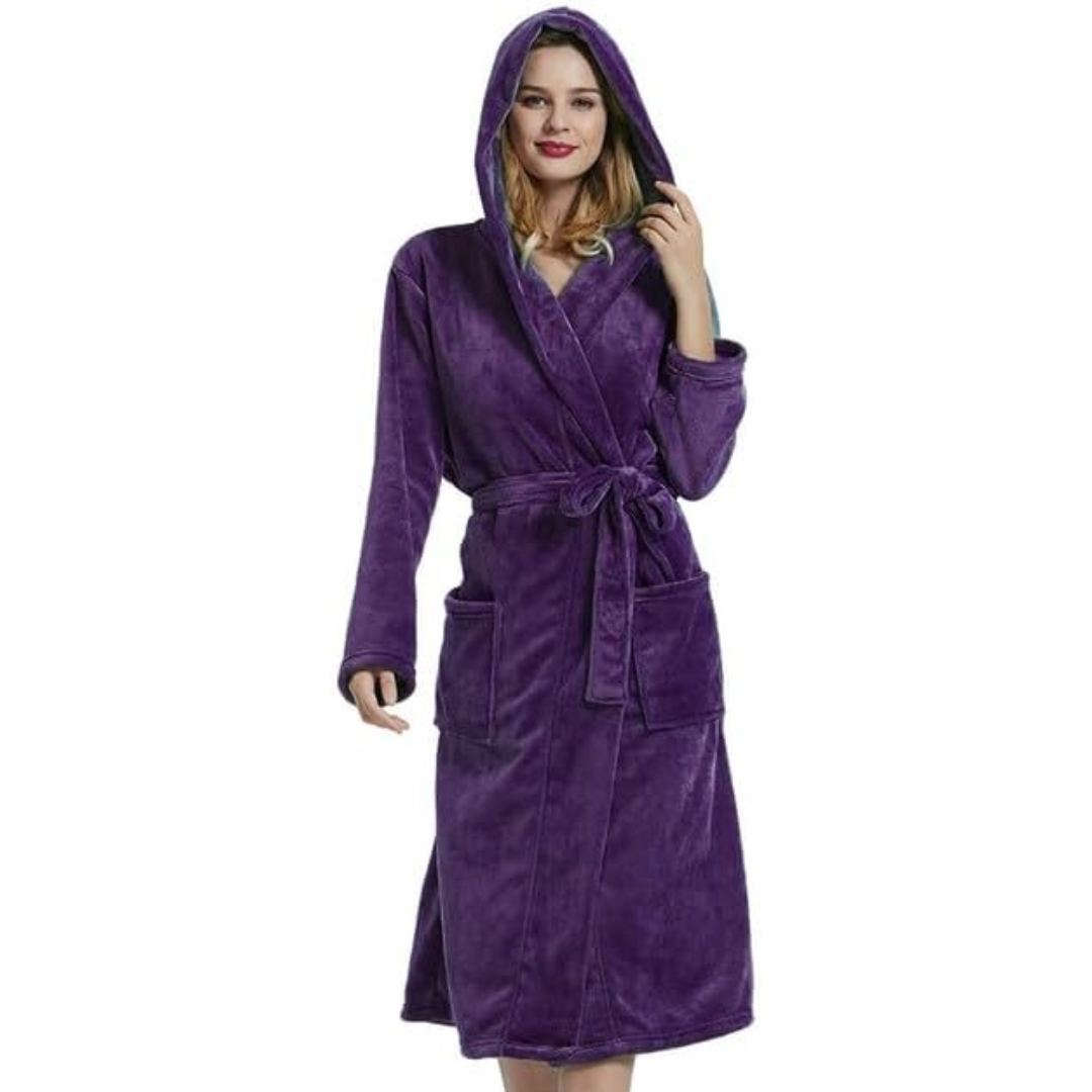 Close-up of the ultra-soft fabric on a women's hooded bathrobe, highlighting its cozy texture for comfort.
