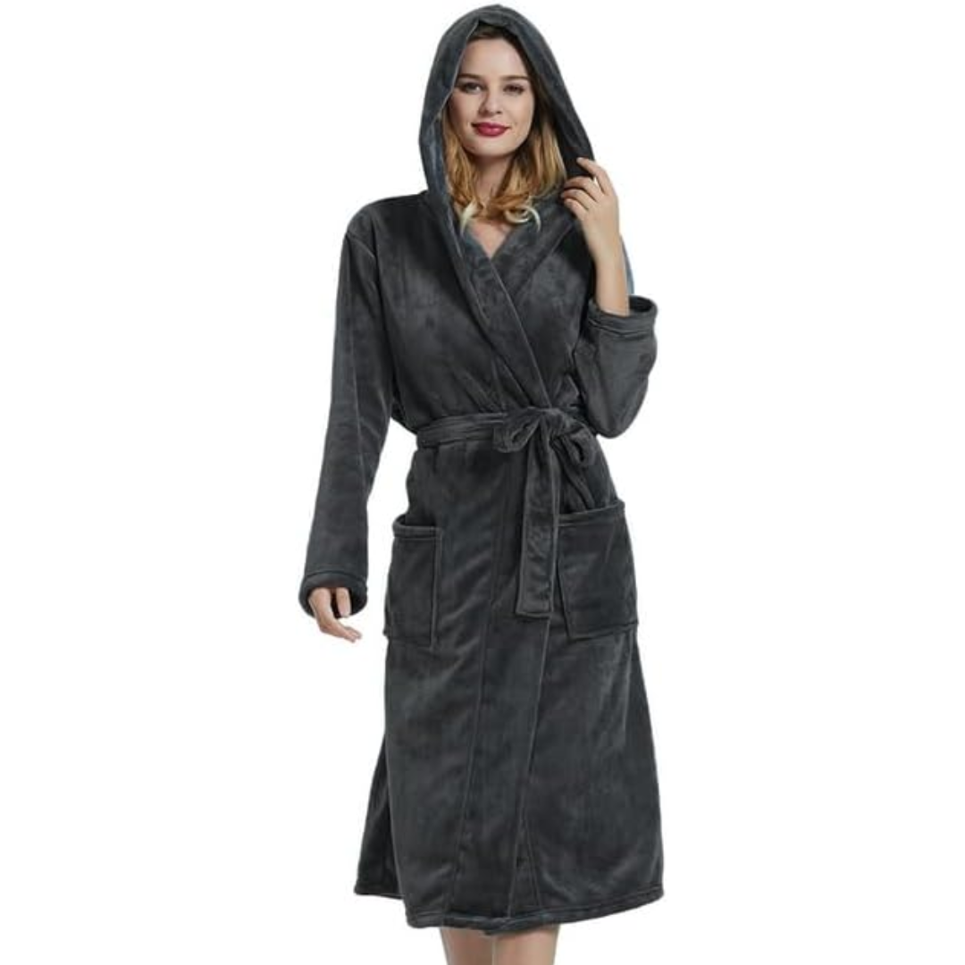 Soft women's hooded robe, featuring convenient pockets and a tie belt. Ideal for sleepwear & lounging.