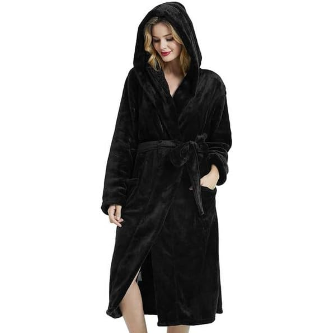 Elegant women's full-length bathrobe with hood, designed for maximum comfort & a relaxed home experience.