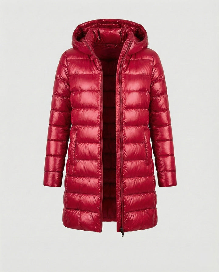 Chic women's hooded jacket, ultralight, insulated & wind resistant for versatile outerwear.