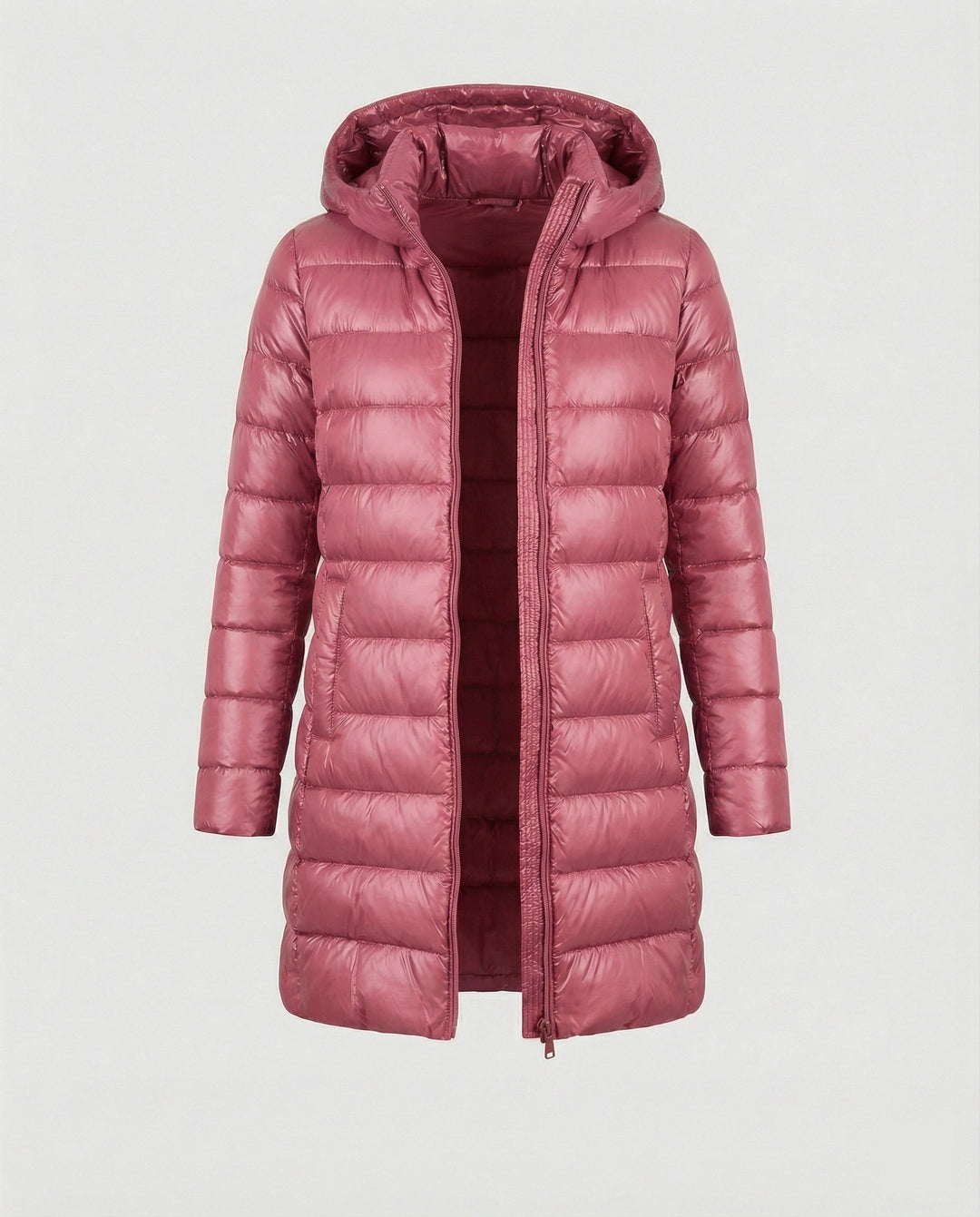 All-season women's ultralight jacket, insulated with hood for warmth & wind protection.