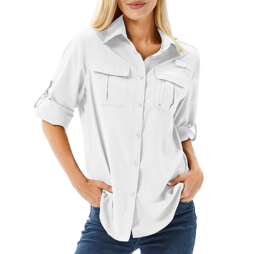 Versatile women's UV protective long sleeve shirt for hiking, fishing, and safari adventures.
