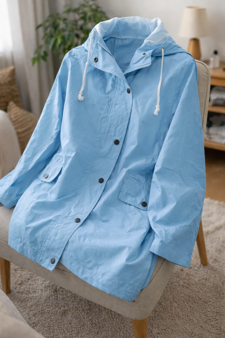 Casual light blue women's all-weather hooded jacket, perfect for transitional periods and as a lightweight rain jacket.