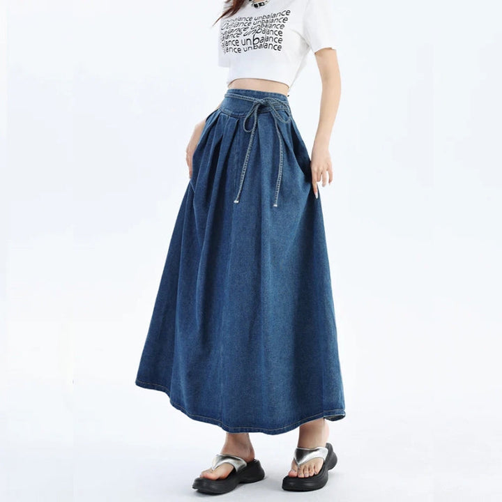 Women's versatile blue denim midi skirt, comfortable high waist design for everyday wear & summer fashion.