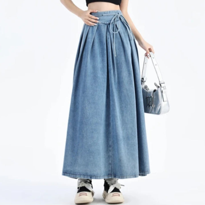Everyday wear women's denim midi skirt, comfortable and chic for casual summer fashion.