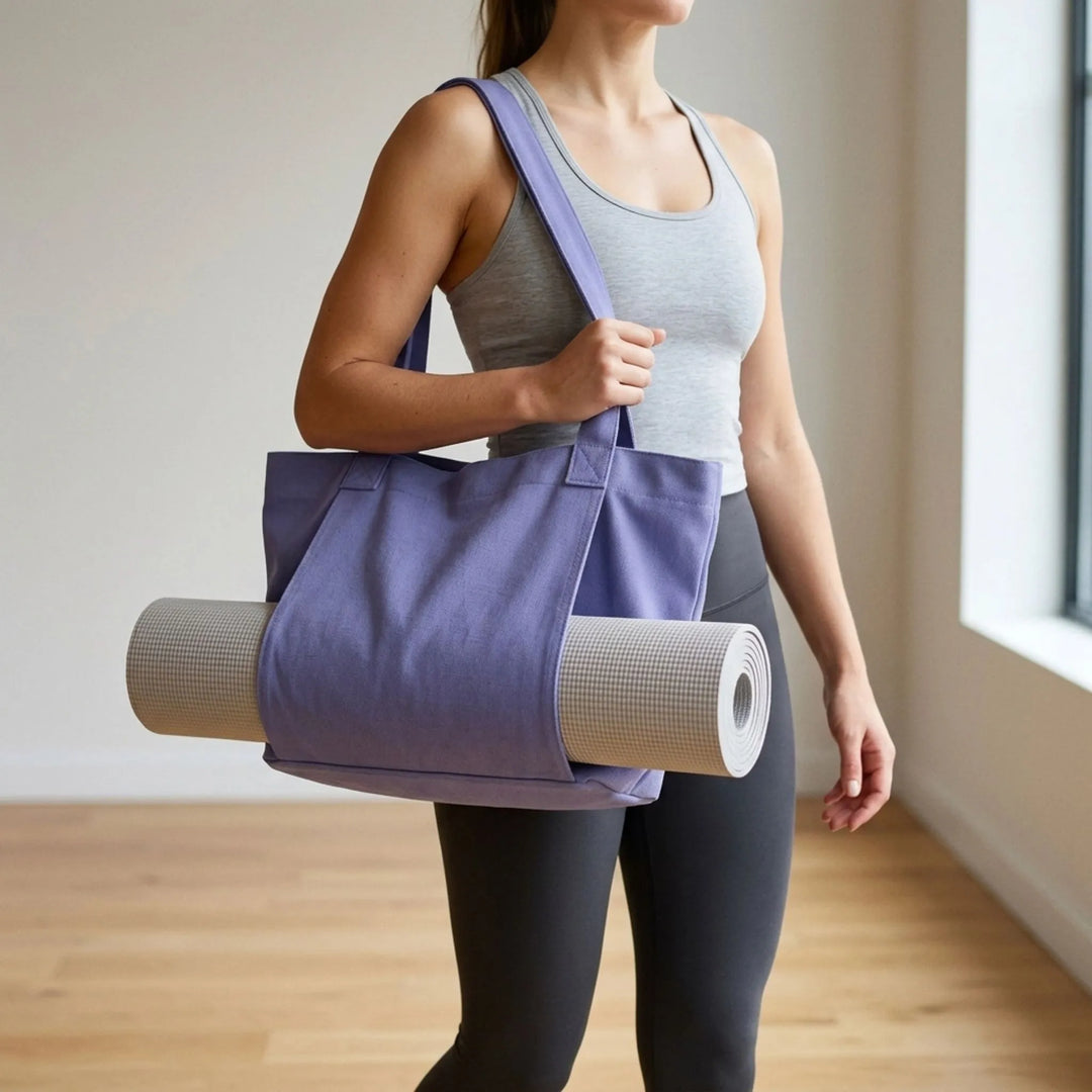 Women's versatile yoga mat tote bag for carrying mats & fitness essentials. Ideal gym or everyday shoulder bag.