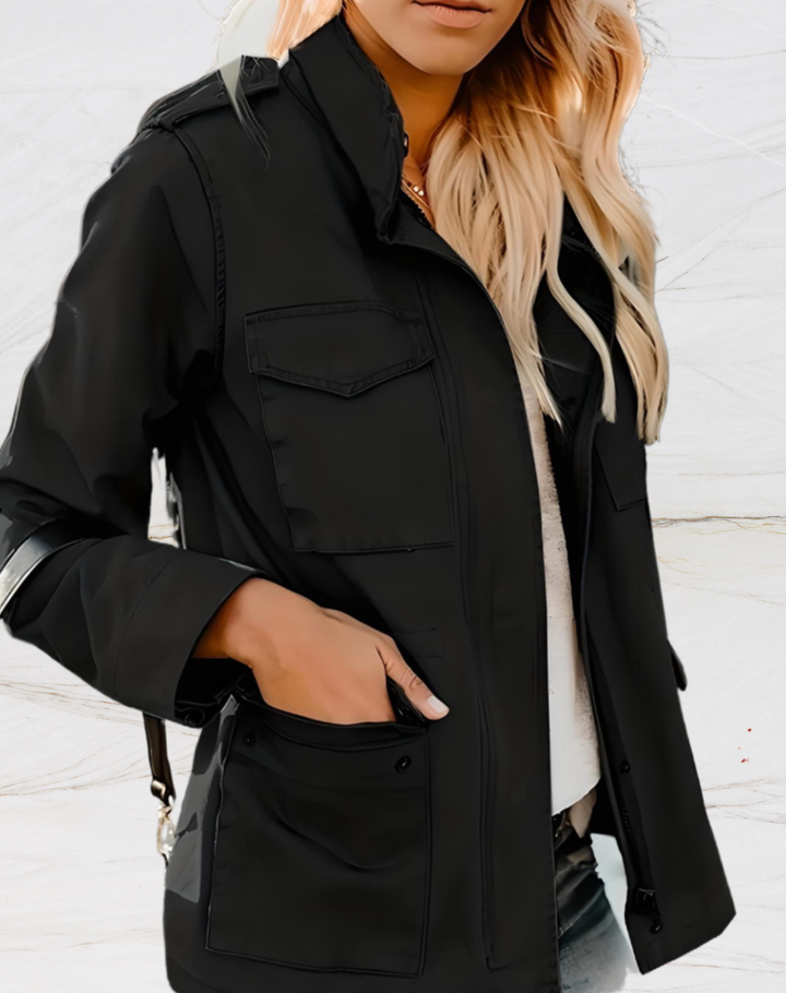 Women's versatile zippered utility jacket with practical pockets, ideal for spring & fall everyday casual wear.
