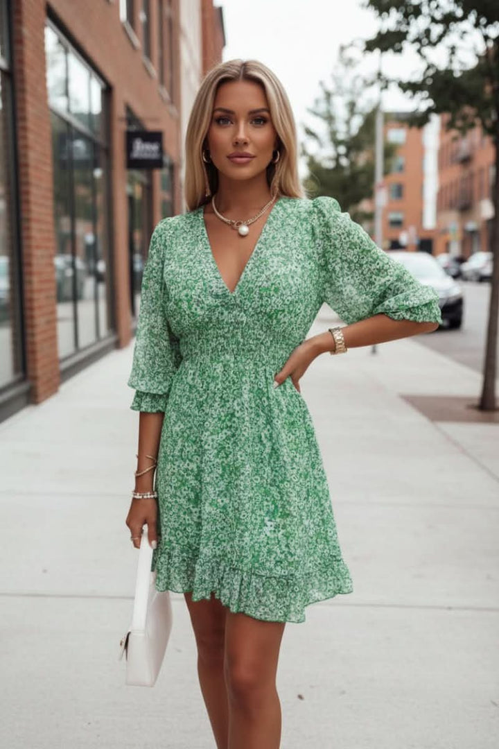 Vibrant women's autumn mini dress. Perfect as a casual day dress or an elegant evening outfit with flattering fit.