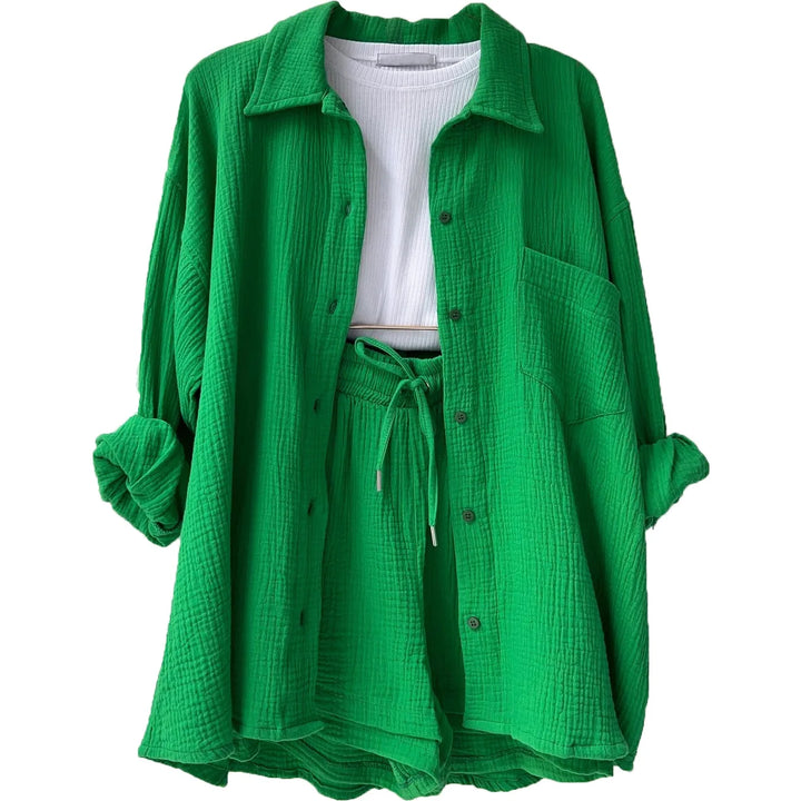 Women's vibrant crinkle shorts and top set, offering a comfortable and stylish summer look.