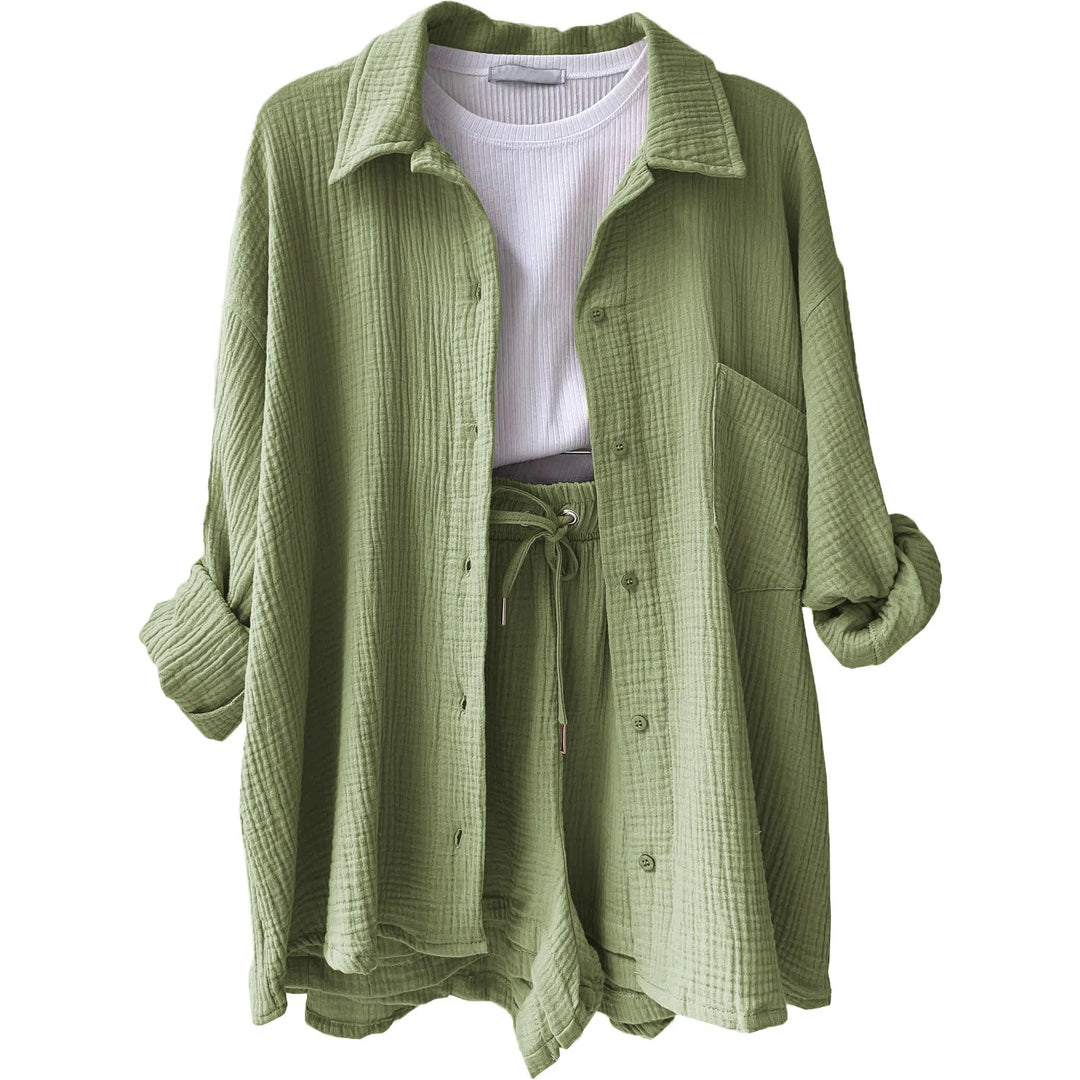Women's vibrant crinkle shorts outfit, combining relaxed fit with stylish summer fashion.