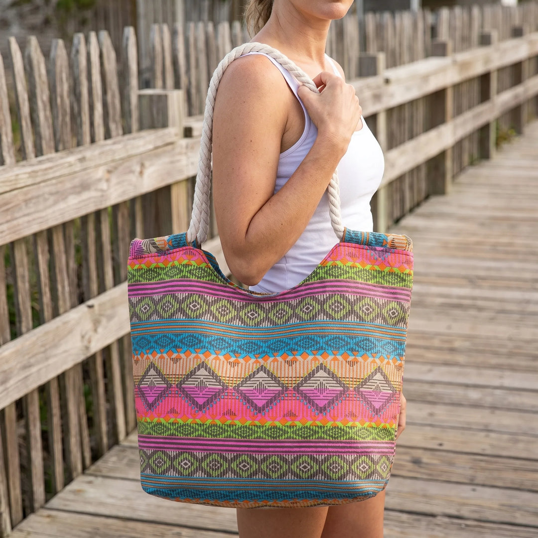 Women's vibrant geometric patterned casual tote shoulder bag for everyday use and summer outings.