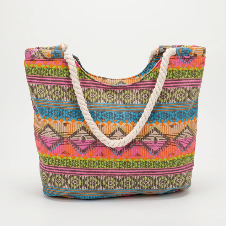 Stylish women's blue geometric print casual tote bag, perfect as a shoulder bag or beach accessory.