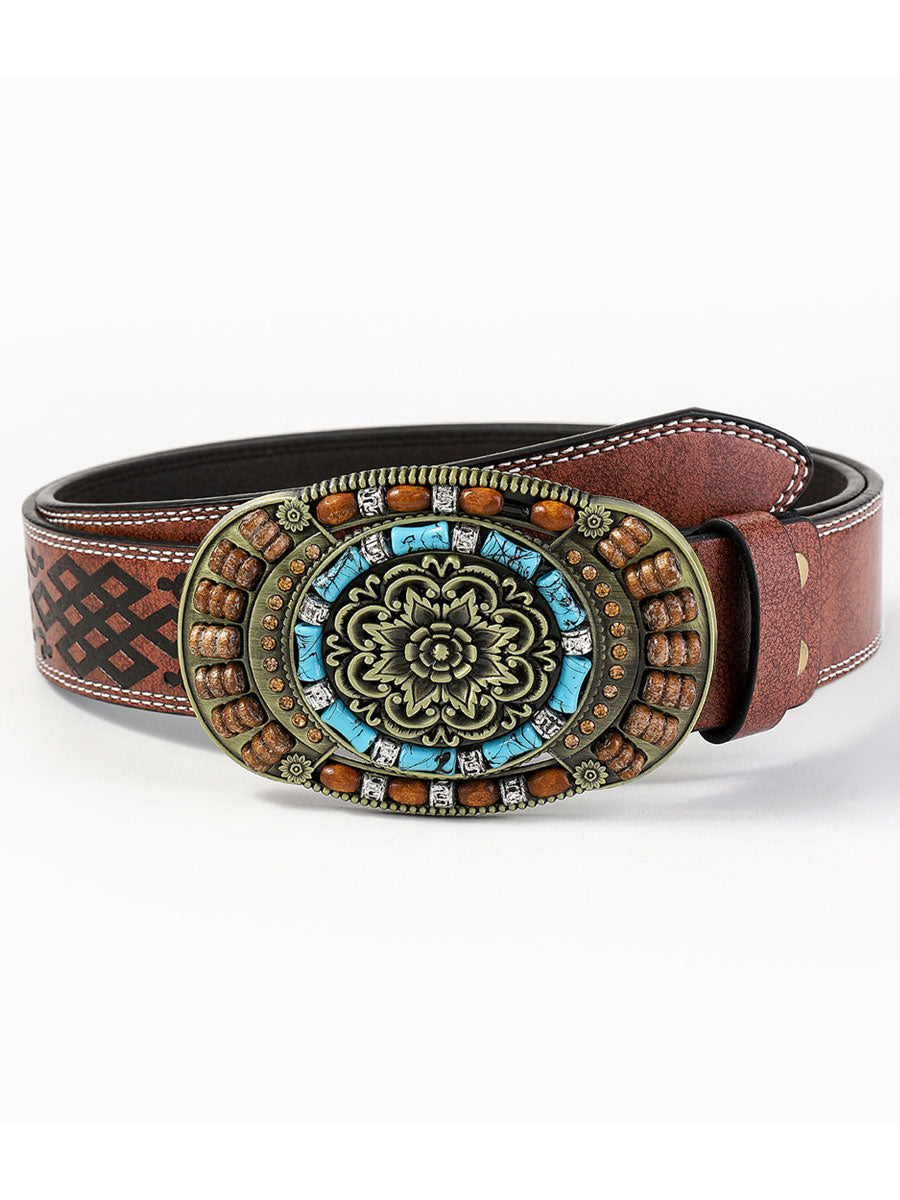 Casual women's vintage faux leather belt featuring unique gem flower details. Perfect for boho outfits.