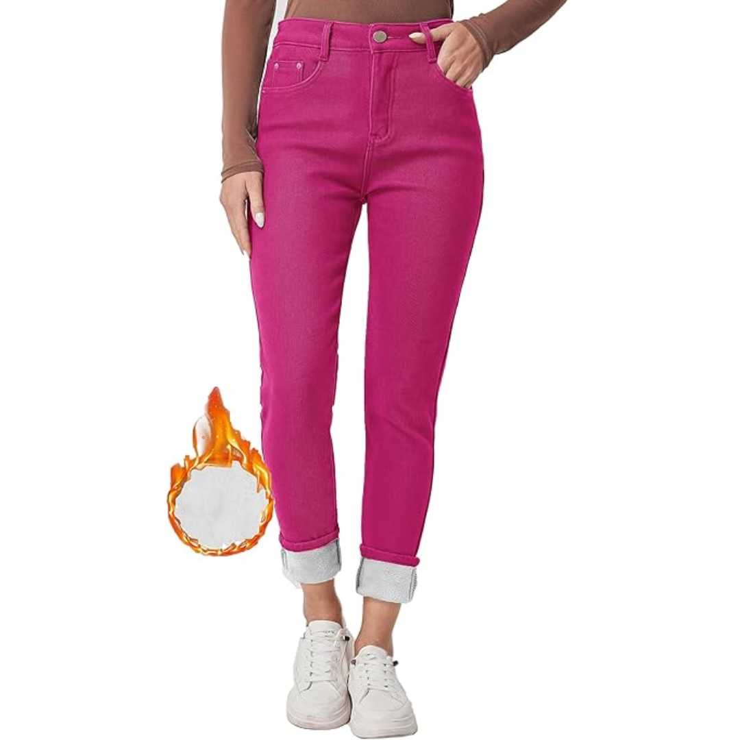Fleece-lined thermal skinny jeans for women, perfect winter fashion apparel.