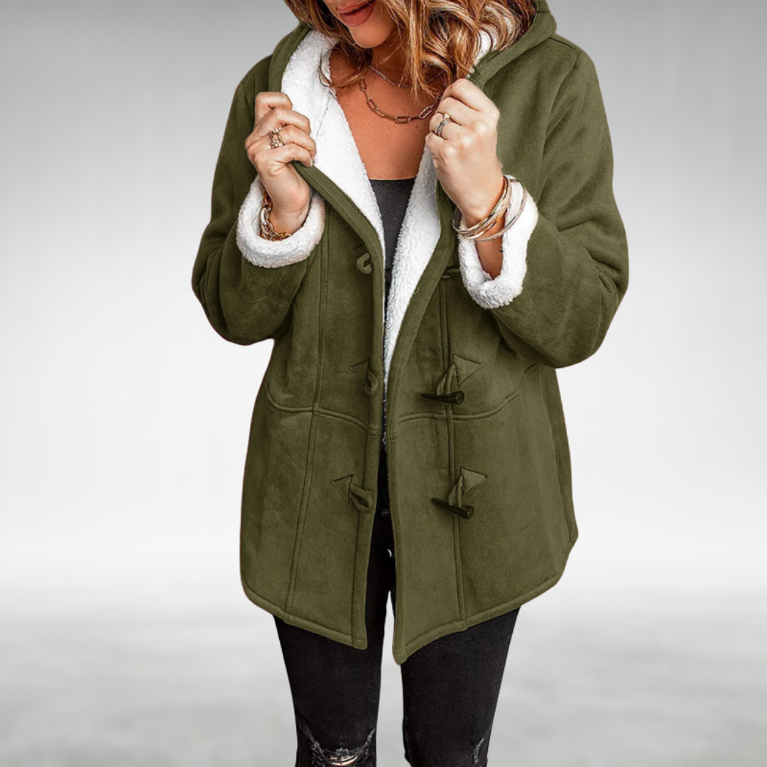 Cozy women's winter jacket with plush lining & toggle closure, offering warmth & casual elegant style.