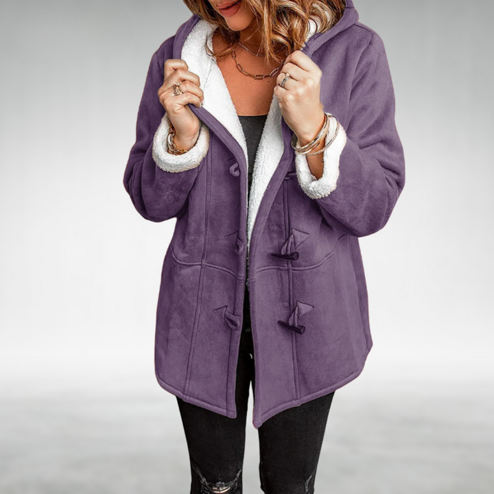 Soft plush-lined women's winter coat, a warm and comfortable hooded outerwear for cold weather fashion.