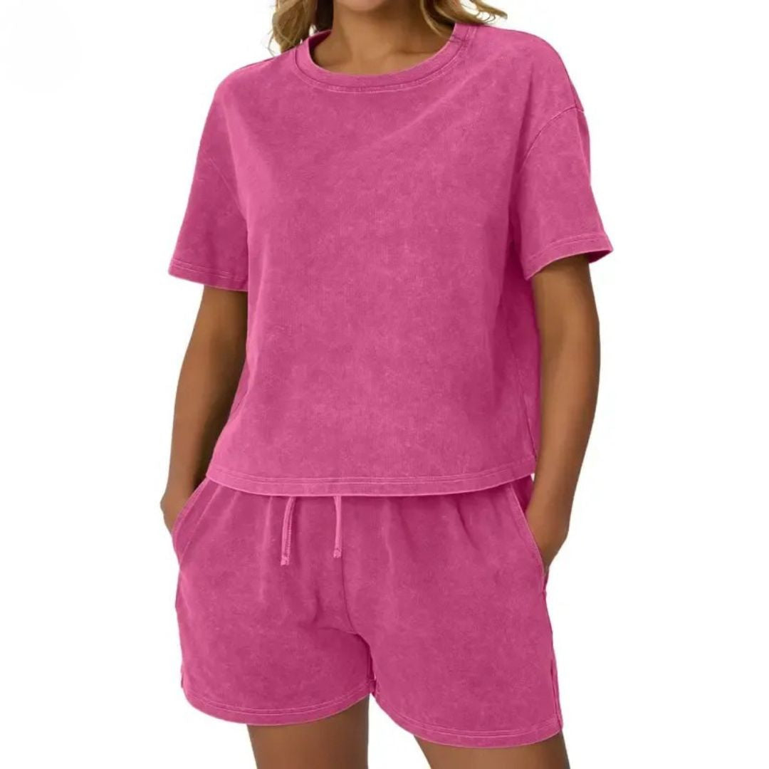 Soft washed cotton women's lounge set, two-piece, relaxed fit for comfortable home or casual wear.