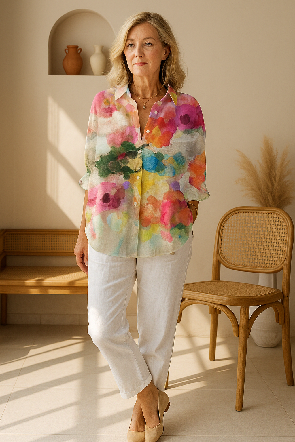 Elegant women's blouse featuring a colorful watercolor floral print, a vibrant artistic top for summer.