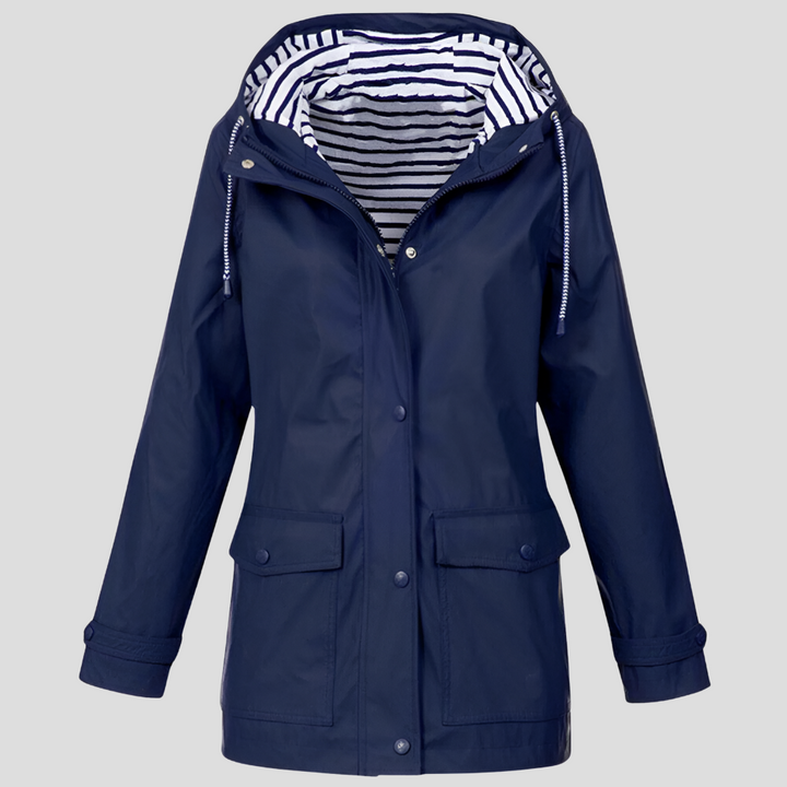 Durable women's waterproof jacket with hood, offering all-weather protection & casual style.