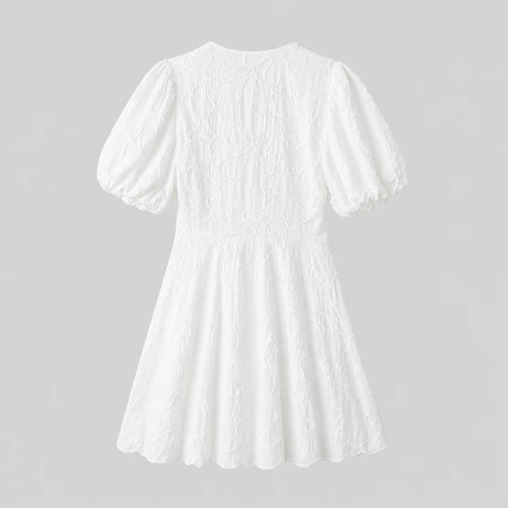 Versatile women's V-neck floral midi dress, a comfortable A-line fit with puff sleeves for elegant summer fashion.