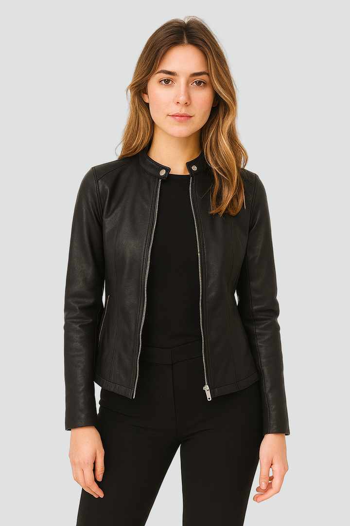 Women's zip-front moto jacket, tailored fit for effortless style. Versatile chic outerwear.