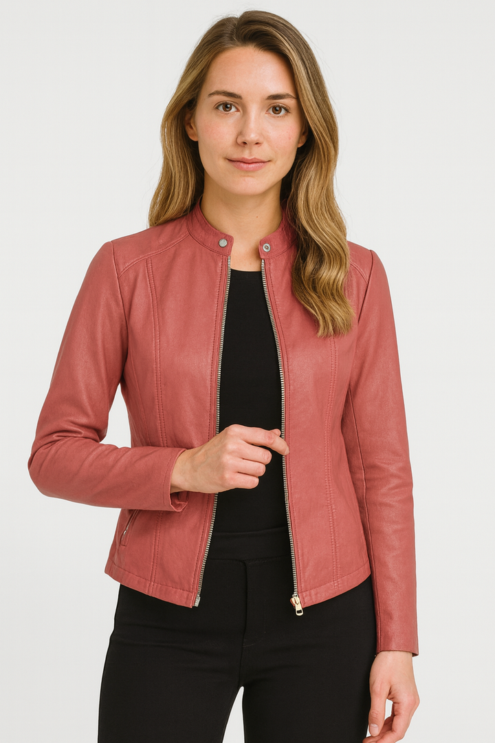 Women's zip-front moto jacket with a tailored fit, providing effortless style and modern elegance.