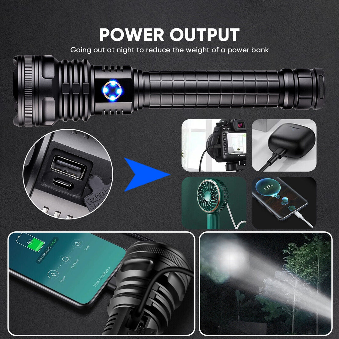 Versatile XHP90 LED flashlight, high lumen and power bank function, water resistant