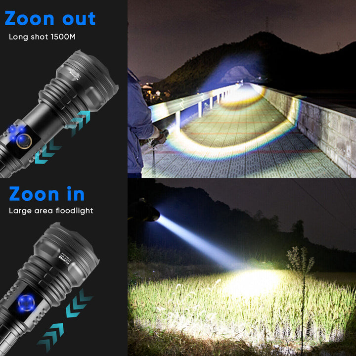 High lumen XHP90 tactical flashlight for outdoor gear, water resistant, USB rechargeable