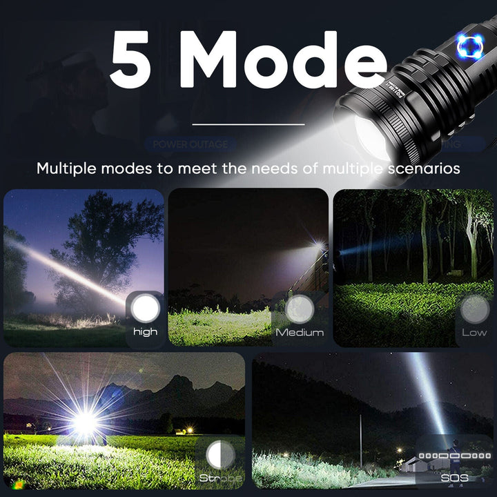 Durable XHP90 USB tactical flashlight, bright LED for emergency and outdoor use