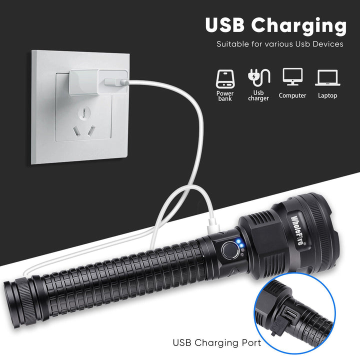 Outdoor gear XHP90 flashlight, water resistant, bright LED, conveniently USB charged