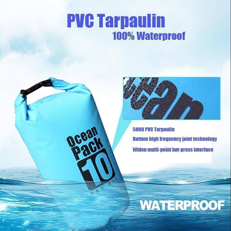 Blue waterproof dry bag for boating and camping, keeps gear dry and safe.