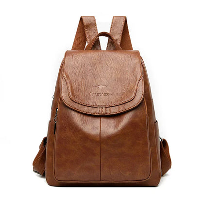 "Zaino in pelle marrone elegante e spazioso con chiusura a cerniera, ideale per donna moderna e multifunzionale."