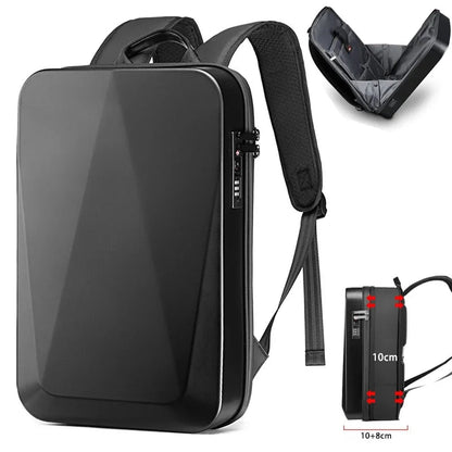 "Zaino laptop antifurto unisex, impermeabile, espandibile, con porta USB, nero, design moderno, ideale per viaggiatori."