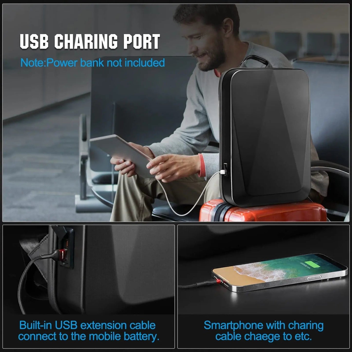 "Zaino laptop antifurto unisex, impermeabile, espandibile, con porta USB, nero, design moderno, ideale per viaggiatori."