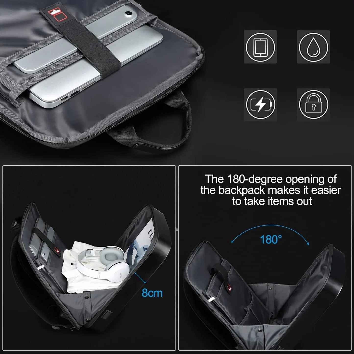 "Zaino laptop antifurto unisex, impermeabile, espandibile, con porta USB, nero, design moderno, ideale per viaggiatori."