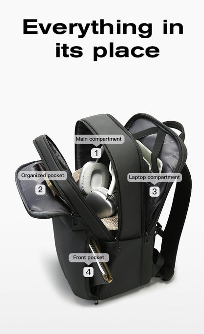 "Zaino uomo sottile impermeabile, colori eleganti, scomparto laptop 15,6 pollici, stile urbano, comfort garantito."